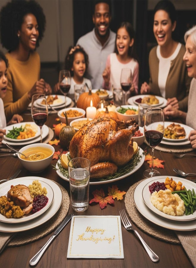 Cloverjoyed Happy Thanksgiving Cocktail Napkins, 50 Pack, Gold Foil Design, Disposable Paper Dinnerware Decorations for Beverages, Dessert, Appetizers - Image 2